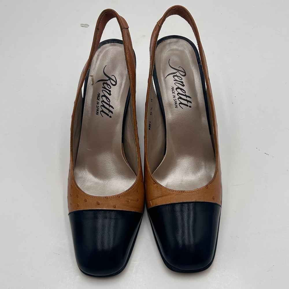 Renetti Amy Slingback Heels Ostrich Embossed Leather Black Toe Block Heel 6.5M